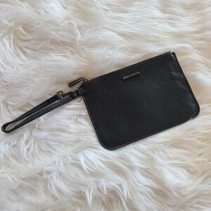 Rebecca Minkoff Pebbled Leather Black Zip Pouch Wristlet Wallet Smoked hardware